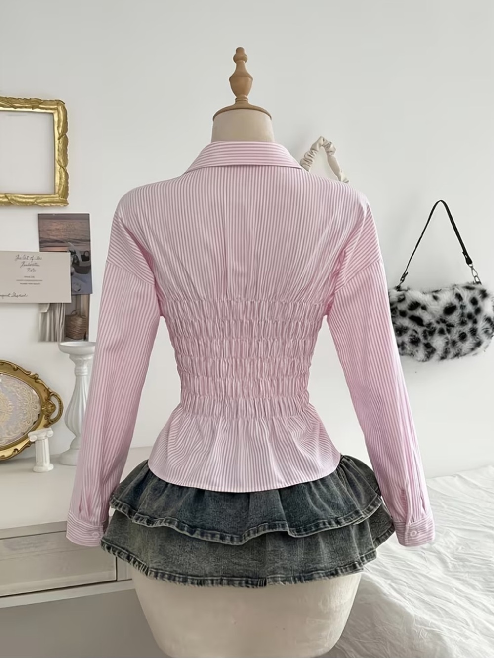 Pink Striped Ruched Button-Down Shirt - Feminine Collared Top - Picture 3 of 3